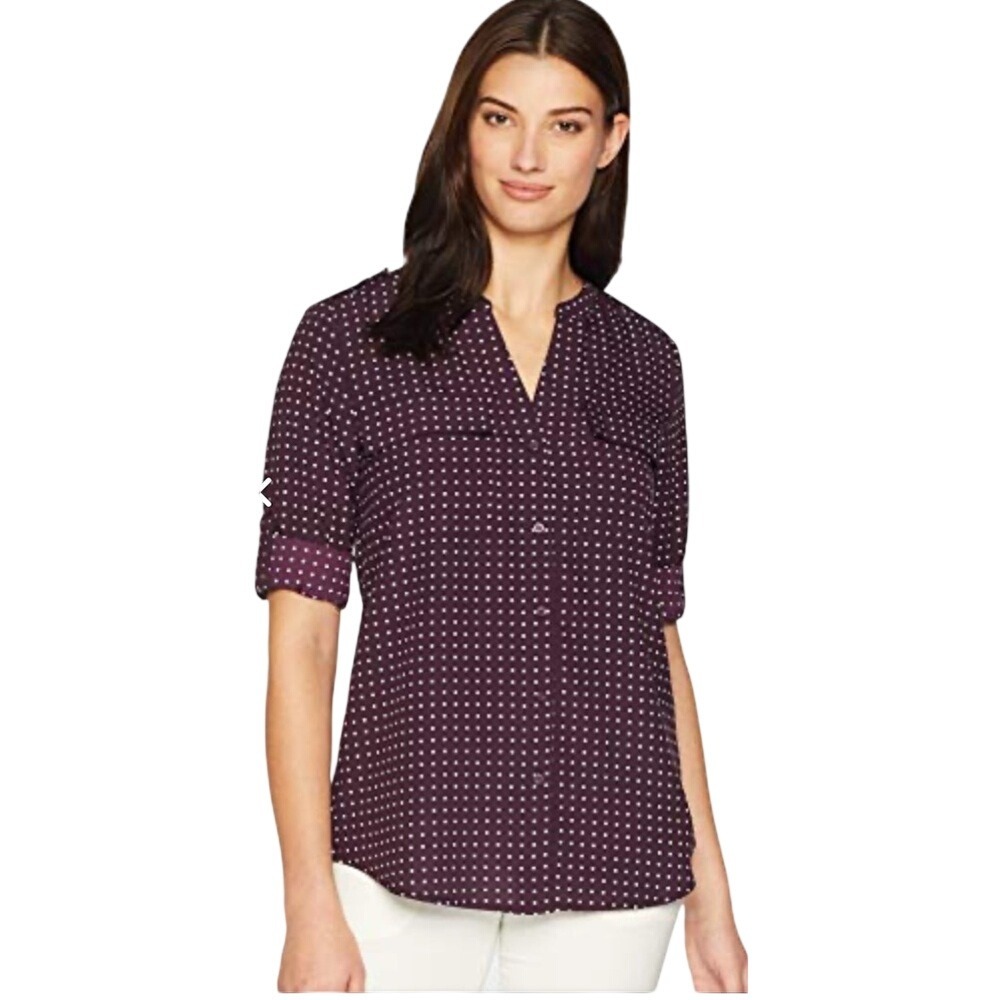 NW Plum Calvin Klein Purple Polka Dot Blouse Split Neck Roll Tab Sleeve T #484